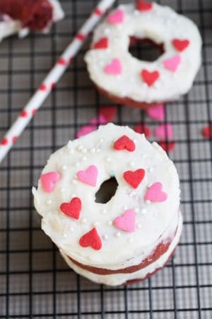 Baked Red Velvet Cake Donuts with Cream Cheese Glaze make the perfect Valentine's Day Treat