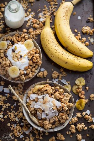 Banana Nut Granola makes the perfect healthy breakfast or snack. Best of all, it's gluten-free, refined sugar free, dairy free and comes together easily in just one bowl and less than 10 minutes of prep time! Full of crunchy clusters, pecans and tropical coconut.