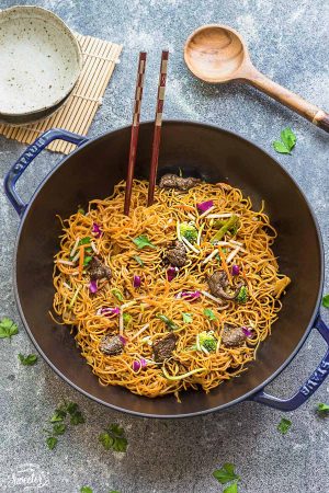 Beef Chow Mein is the perfect easy weeknight meal! Best of all, it comes together in under 30 minutes in just one pot! Forget calling restaurant takeout, this recipe is so much better with authentic flavors. Seriously the best!!