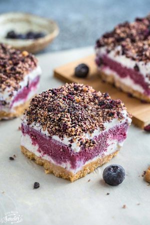 Blueberry Frozen Yogurt Bars are the perfect cool treat on a hot summer day. They're a healthier blueberry version of the classic Strawberry Shortcake Good Humor Ice Cream popsicles. Best of all, they're, so easy to make with delicious layers of blueberry & strawberry frozen yogurt, a crumbled shortbread topping & no-bake cookie crust.