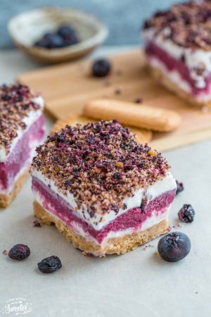 Blueberry Frozen Yogurt Bars are the perfect cool treat on a hot summer day. They're a healthier blueberry version of the classic Strawberry Shortcake Good Humor Ice Cream popsicles. Best of all, they're, so easy to make with delicious layers of blueberry & strawberry frozen yogurt, a crumbled shortbread topping & no-bake cookie crust.