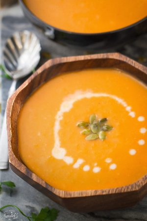 Butternut Squash & Sweet Potato Soup is perfect for fall.