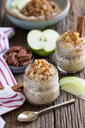 Cinnamon Apple Pie Overnight Oats makes the perfect easy and healthy breakfast. Best of all, takes only a few minutes and you can easily make it ahead the night before. It's gluten free, dairy free and refined sugar free. Full of cozy fall flavors and it's like having dessert for breakfast!