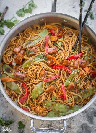 Easy Chicken Lo Mein makes the perfect easy Asian-inspired weeknight meal! Best of all, takes less than 30 minutes to make with the most authentic flavors! So delicious and way better than any Chinese takeout! Leftovers make great lunch bowls or for your weekly meal prepping for school or work lunches and even dinner!