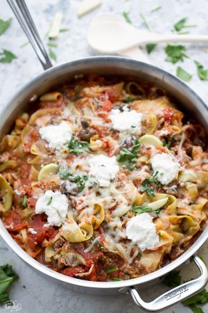 Easy Skinny Skillet Lasagna with Ribboned Zucchini Noodles comes together in just under 30 minutes