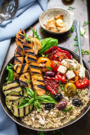 Grilled Greek Chicken Souvlaki Quinoa Brown Rice Bowls are the perfect easy weeknight meal