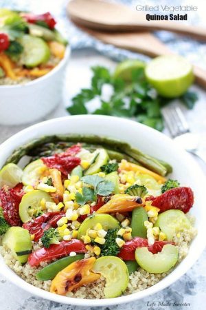 Grilled Vegetable Quinoa Salad - The best and easiest quinoa salad loaded with grilled sweet peppers, zucchini, asparagus, snap peas & corn makes a healthy & delicious light summer meal.