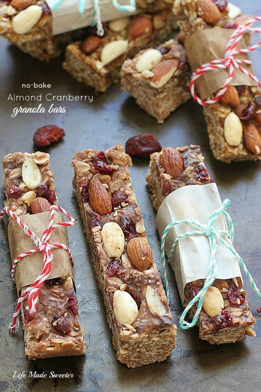 Healthy Chewy NoBake Granola Bars with Almond & Cranberry
