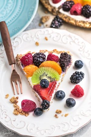 This Healthy Fruit Pizza makes the perfect healthy and extra special breakfast, brunch or dessert. Best of all, it's so easy to make in less than 30 minutes with your favorite fresh fruit, a gluten free granola crust and Vanilla Greek yogurt. Perfect for Mother's Day, Father's Day, Fourth of July, barbecues, potlucks or any other shower or party for spring and summer!