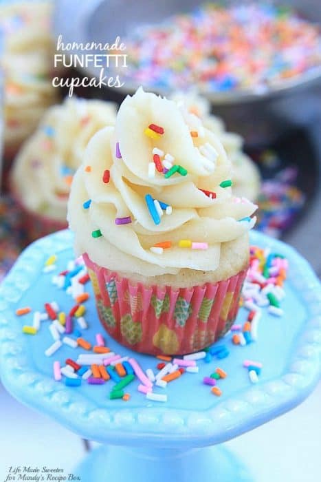 Homemade Funfetti Cupcakes An easy homemade version of funfetti cupcakes - soft and fluffy vanilla cupcakes loaded with sprinkles and topped with vanilla buttercream frosting. @LifeMadeSweeter