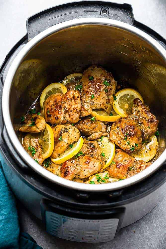 HOW DO YOU MAKE THIS INSTANT POT LEMON CHICKEN WITH GARLIC  You start off by seasoning the chicken with some salt, black pepper, smoked paprika and red chili flakes for some heat. Feel free to leave out chili if you are sensitive to heat.  I used chicken thighs here because I love that they stay tender but I have also made this a number of times with chicken breasts and it still comes out super flavorful.