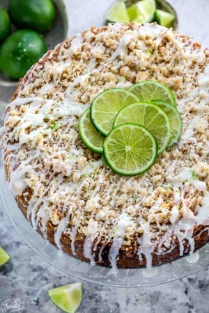 Key Lime Coffee Cake with buttery streusel topping and a white chocolate drizzle makes the perfect decadent treat