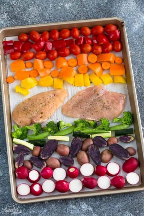 Lemon Herb Chicken with Rainbow Vegetables makes the perfect easy weeknight or Sunday meal. Best, of all, everything cooks up in just ONE sheet pan with minimal clean-up and it's perfect for Sunday meal prep! Leftovers are also great for your work lunchboxes and lunch bowls! A colorful and healthy spring or summer meal!