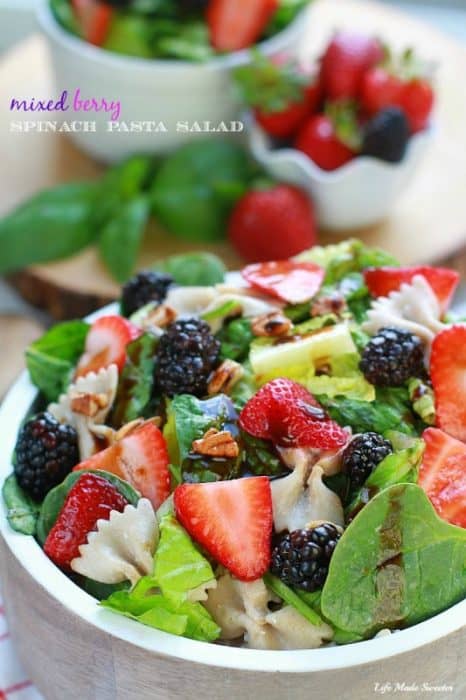 Mixed Berry Spinach Pasta Salad coated with balsamic dressing makes a light and delicious side dish with bla