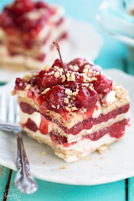 No Bake Cherry Cheesecake Icebox Cake is the perfect easy make ahead dessert! Best of all, it's made with just 6 ingredients and amazing for barbecues, potlucks and holiday parties!