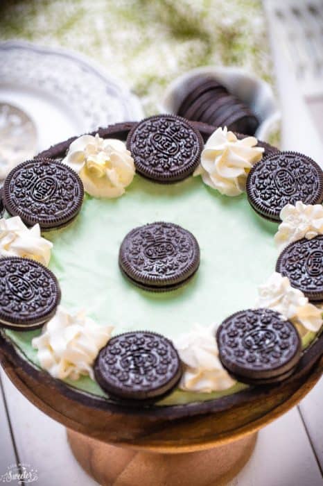 No Bake Chocolate Mint Oreo Pie is made with an easy Oreo cookie crust filled with a creamy cheesecake filling. Takes less than 10 minutes of prep and perfect for Pi Day and St. Patrick's Day!