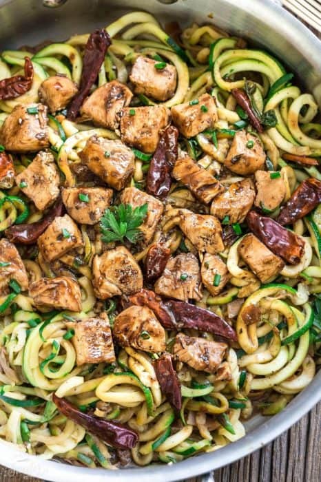 One Pan Kung Pao Chicken Zoodles {Zucchini Noodles} make the perfect easy low carb weeknight meal! Best of all so much better than takeout - only 30 minutes to make with just one pot to clean!