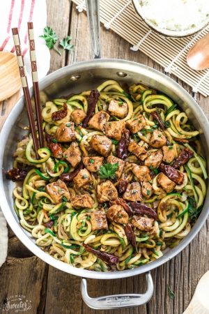 One Pan Kung Pao Chicken Zoodles {Zucchini Noodles} make the perfect easy low carb weeknight meal! Best of all so much better than takeout - only 30 minutes to make with just one pot to clean!