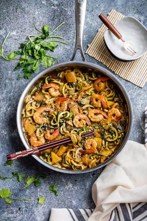 One Pan Teriyaki Shrimp Zoodles {Zucchini Noodles} is the perfect easy gluten free (or paleo) weeknight meal! Best of all, it takes only 30 minutes to make in just one pot and is so much healthier and better than takeout! Great for Sunday meal prep and leftovers make delicious lunch bowls for work or school lunchboxes! Plus Video!