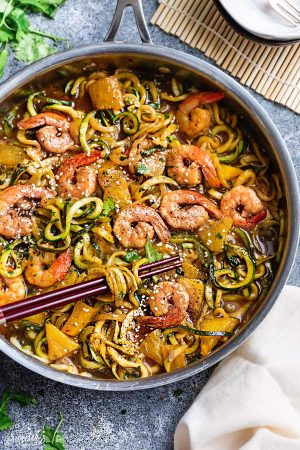 One Pan Teriyaki Shrimp Zoodles {Zucchini Noodles} is the perfect easy gluten free (or paleo) weeknight meal! Best of all, it takes only 30 minutes to make in just one pot and is so much healthier and better than takeout! Great for Sunday meal prep and leftovers make delicious lunch bowls for work or school lunchboxes! Plus Video!