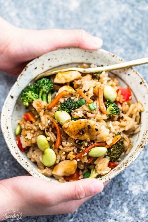 One Pot Teriyaki Rice with Chicken and Vegetables is the perfect easy weeknight meal. Best of all, everything cooks up in just ONE pan {plus bonus Instant Pot pressure cooker instructions} and has all the flavors of your favorite takeout restaurant dish. A great Sunday meal prep recipe for your work or school lunchbox or lunch bowl and way better than takeout!