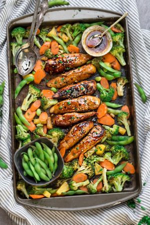 One Sheet Pan Teriyaki Chicken with Vegetables makes the perfect easy weeknight meal! Best of all, everything cooks up onto just ONE sheet pan with minimal cleanup!