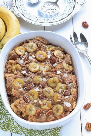 Overnight Banana French Toast Bake with Streusel makes the perfect weekend breakast.