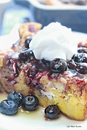 Overnight Blueberry Cream Cheese French Toast Bake - An easy and delicious baked French Toast bursting with blueberries and cream cheese. Perfect for breakfast, brunch or even dinner and best of all, so easy to assemble the night before!