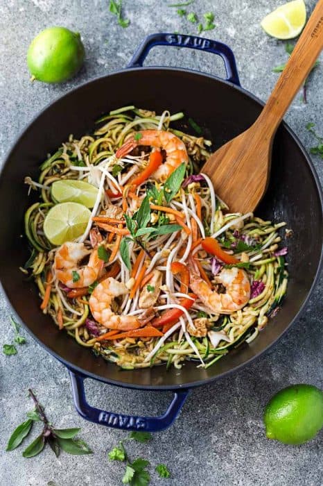 This recipe for Pad Thai Zucchini Noodles (Zoodles) is the perfect easy 30 minute one pan stir-fry meal. Best of all, it's full of all the authentic flavors of the popular restaurant favorite in a grain free version. So delicious and way better and healthier than takeout! Great for Sunday meal prep and packing into school and work lunchboxes and lunch bowls.