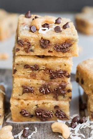 Paleo Cashew Chocolate Chip Blondies are soft, chewy and make the perfect healthier treat! They’re gluten free, refined sugar free, and come together in a few minutes.