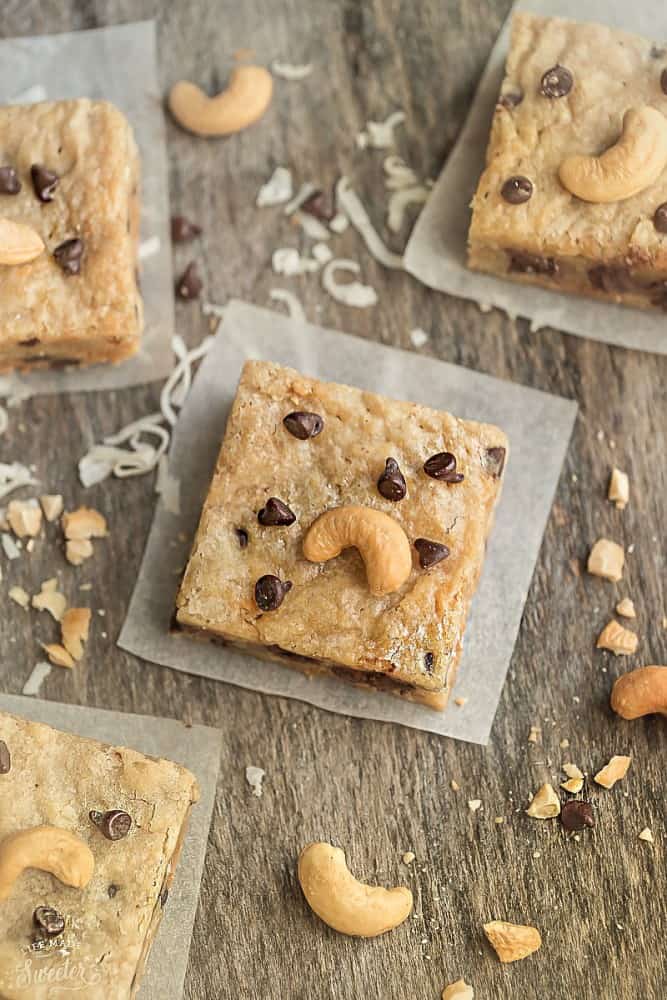 Paleo Cashew Chocolate Chip Blondies are soft, chewy and make the perfect healthier treat! They’re gluten free, refined sugar free, and come together in a few minutes.