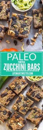 Paleo Pumpkin Zucchini Bars with Chocolate Chunks make the perfect healthy gluten free snack. Best of all, they're refined sugar free and will still satisfy that sweet tooth craving!