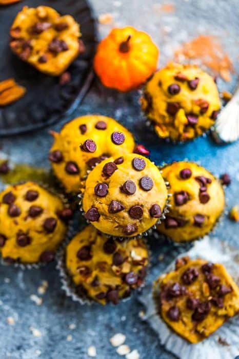 Pumpkin Chocolate Chip Muffins - the perfect easy breakfast or on the go snack for fall. Best of all, bursting with cozy and warm fall flavors and comes together in just ONE bowl!