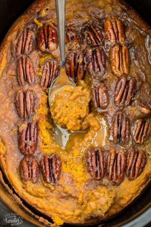 Slow Cooker Pumpkin Pecan Pudding Cake is the perfect decadent dessert for fall. Best of all, it's so easy to make with less than 20 minutes of prep time and cooks entirely in your crock-pot!