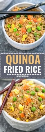 Quinoa Fried Rice makes a simple and healthy alternative to traditional fried rice. Full of protein and vegetables and just perfect for busy weeknights. Best of all, instructions included to make it in your Instant Pot pressure cooker or on the stove!