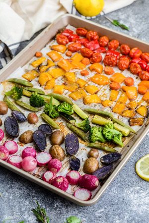 Rainbow Roasted Vegetables makes the perfect easy side dish in a fun presentation for kids and adults. Best of all, this recipe is so easy to customize using any vegetables you like. Great for Sunday meal prep and leftovers are perfect for work or school lunchboxes or lunch bowls. Also great for parties for St. Patrick's Day or potluck and summer BBQ's.