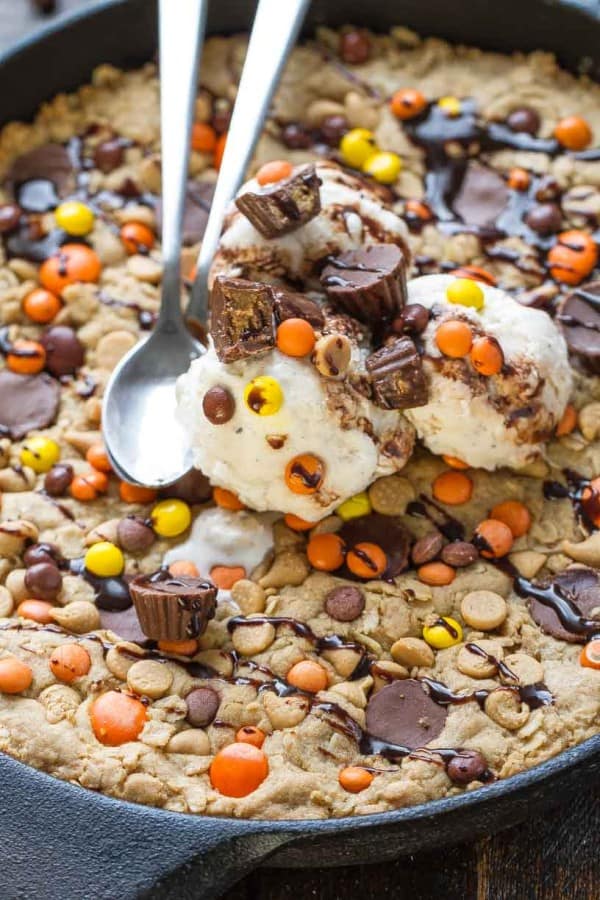 Peanut Butter Skillet Cookie (with Peanut Butter Cups) - Striped Spatula