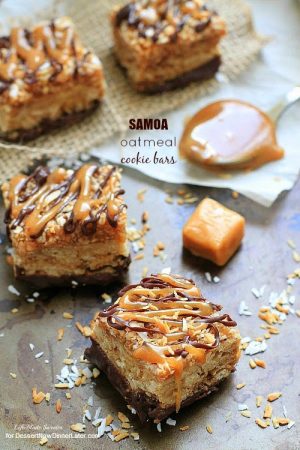 Samoa Oatmeal Cookie Bars - These soft and chewy oatmeal cookie bars combine the beloved caramel, chocolate and coconut flavors of the popular Samoas Girl Scout cookies. by @LifeMadeSweeter