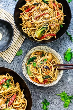 Crock pot Slow Cooker Chicken Lo Mein makes the perfect easy Asian-inspired weeknight meal! Best of all, takes only 15 minutes to put together with the most authentic flavors! So delicious and way better than any Chinese takeout! Leftovers make great lunch bowls or for your weekly meal prepping for school or work lunches and even dinner!