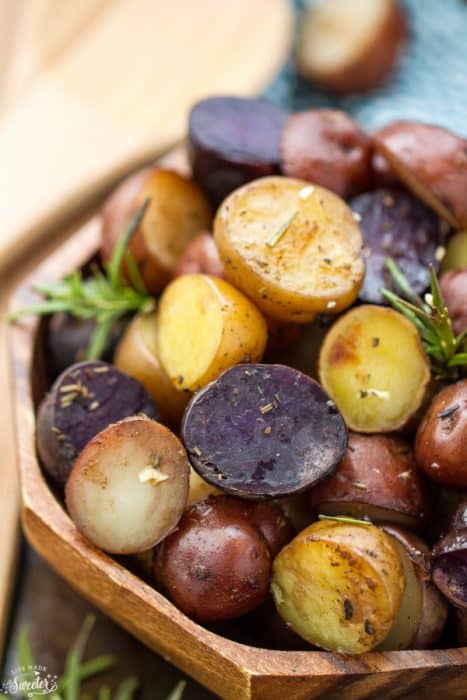 Slow Cooker Rosemary Garlic Tri-color Potatoes makes an easy side dish.