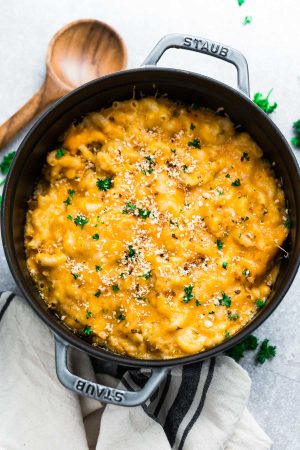 Easy Stovetop Creamy Macaroni & Cheese takes only 30 minutes to make for a perfect weeknight meal. Made with a mix of three popular cheeses: sharp cheddar, parmesan and cream cheese.