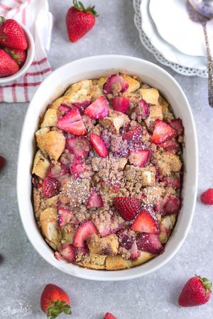 Overnight Strawberry Cream Cheese French Toast Bake Casserole Bake makes the perfect, easy and delicious breakfast, brunch or dessert. A great recipe to add to Mother's Day, Easter, Fourth of July or any special weekend occasion.