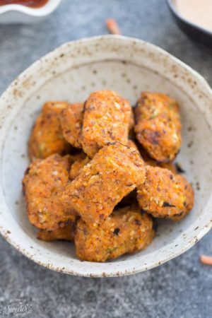 Sweet Potato & Zucchini Tots make the perfect easy & healthy snack. Best of all, they're paleo friendly, gluten free, vegan, and whole 30 compliant. Only a SIX ingredients and kids & adults love them!