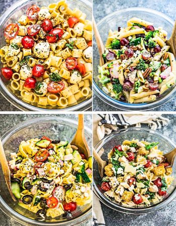 These are the Four Most Popular Pasta Salads that everyone looks for. Caprese, Chicken Caesar, Greek Tortellini and Broccoli Pasta Salad. They are the perfect side dish to bring to summer potlucks, parties, Memorial Day / Fourth of July grillouts/barbecues and picnics. Best of all, they are all so easy to make and easy to customize with an option for homemade dressing. Works great for Sunday meal prep and leftovers are delicious for school or work lunchboxes or lunchbowls.