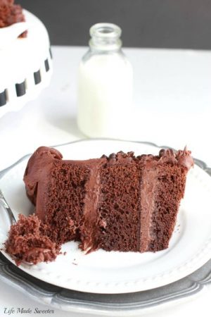 Ultimate Triple Chocolate Layer Cake - The best triple layer chocolate cake with the easiest milk chocolate frosting covered with mini chocolate chips.