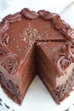 Ultimate Triple Chocolate Layer Cake - The best triple layer chocolate cake with the easiest milk chocolate frosting covered with mini chocolate chips.